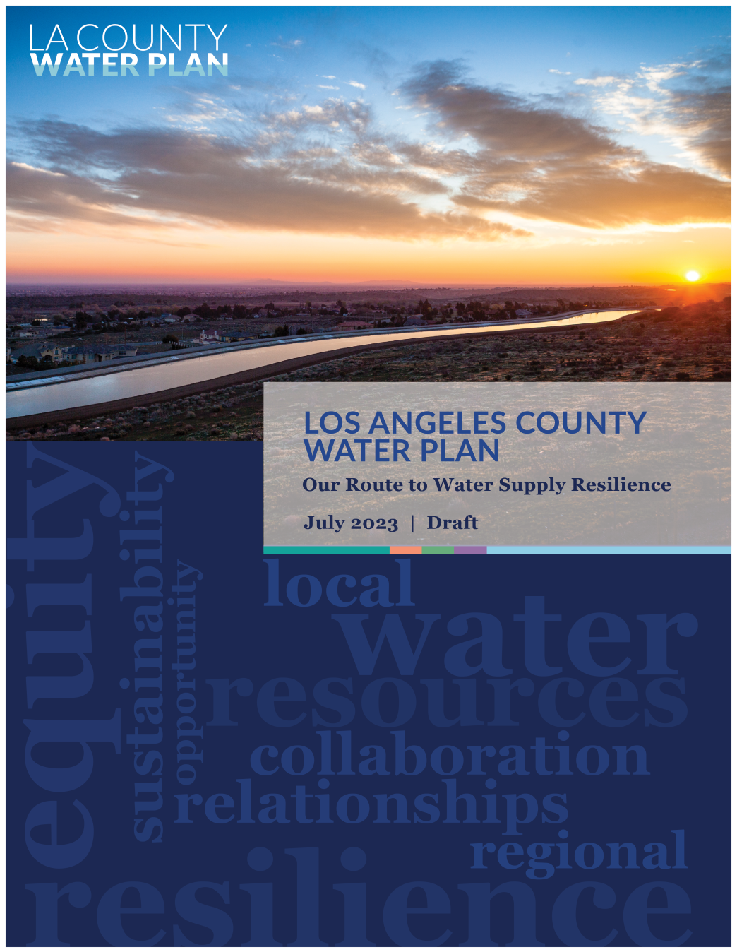 Thumbnail of the LA County Water Plan.  The top half of the cover has a picture of a sunset a canal and the LA County Water Plan logo in the top left corner. The bottom half of the cover has words that describe the LA County Water Plan.   